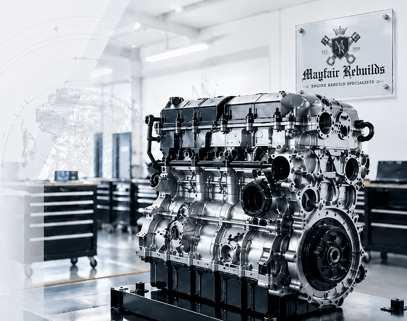 Mayfair Rebuilds workshop with rebuilt JLR engine